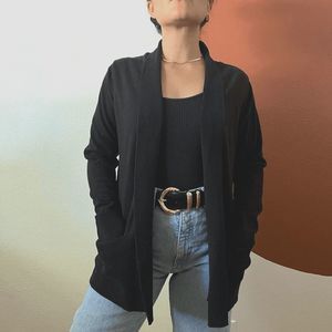 knit black sweater long sleeve slim fit rib knit open front Medium‎ classic